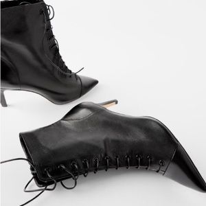 ZARA Leather Lace-up Mid-heel Ankle Boots Black 37